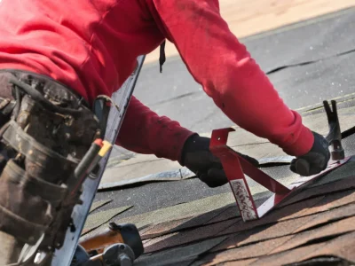 Roofing crew installing shingles on a residential home in Bentonville, Arkansas