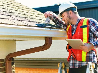 Roofer inspecting a residential roof in Fayetteville, Arkansas