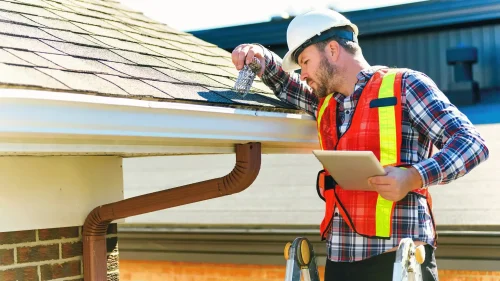 Roofer inspecting a residential roof in Fayetteville, Arkansas