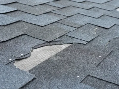 Damaged asphalt roof shingles with visible wear and debris buildup from lack of maintenance