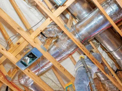 Poorly ventilated attic with exposed insulation, ductwork, and wooden roof framing