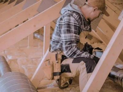 Contractor inspecting attic ventilation and ductwork to improve airflow and energy efficiency in Northwest Arkansas