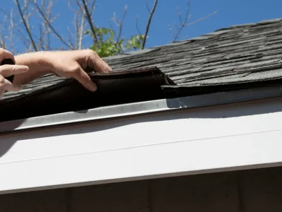 Roofing professional assessing roof damage on a Bentonville home