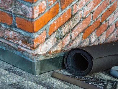 Roof cricket flashing installed behind a brick chimney