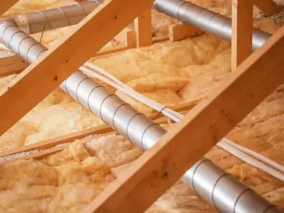 Attic insulation and ventilation ductwork showing components that affect indoor air quality