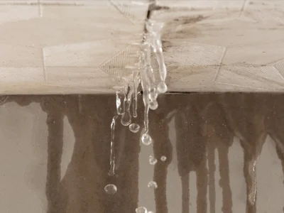 Water leaking through a damaged ceiling during heavy rain in Northwest Arkansas