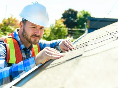 Roofer inspecting shingles on a residential roof in Fayetteville, Arkansas