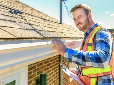Roofing contractor examining shingles on a roof and consulting with homeowner