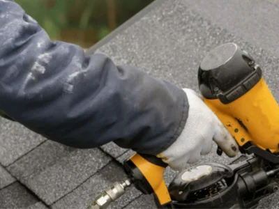 Roofer using nail gun to install new asphalt shingles during full roof replacement in Northwest Arkansas